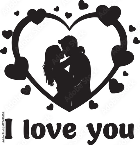 Silhouette Couple in Love Embracing Inside a Heart Shaped Frame Vector