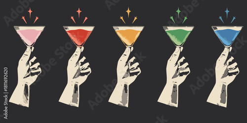 Hands holding colorful martini glasses with sparkling toppings