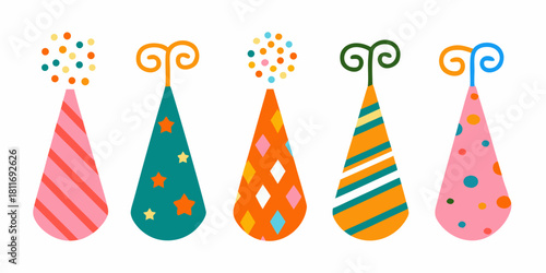 Colorful party hats with different patterns for celebration
