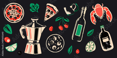 Italian food and drink still life illustration on a dark background