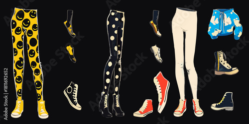 Fashionable cartoon clothing and shoes collection on a black background