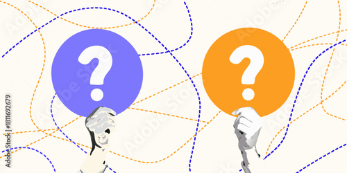 Robotic hands holding question mark signs with dotted line background