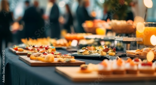 Buffet table with appetizers and drinks at a social event with blurred guests food catering