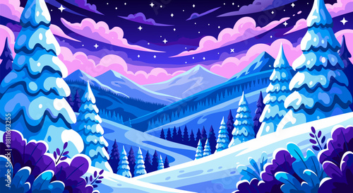 Winter wonderland illustration A serene landscape of snow-covered mountains, and lush evergreen trees under a starry night sky