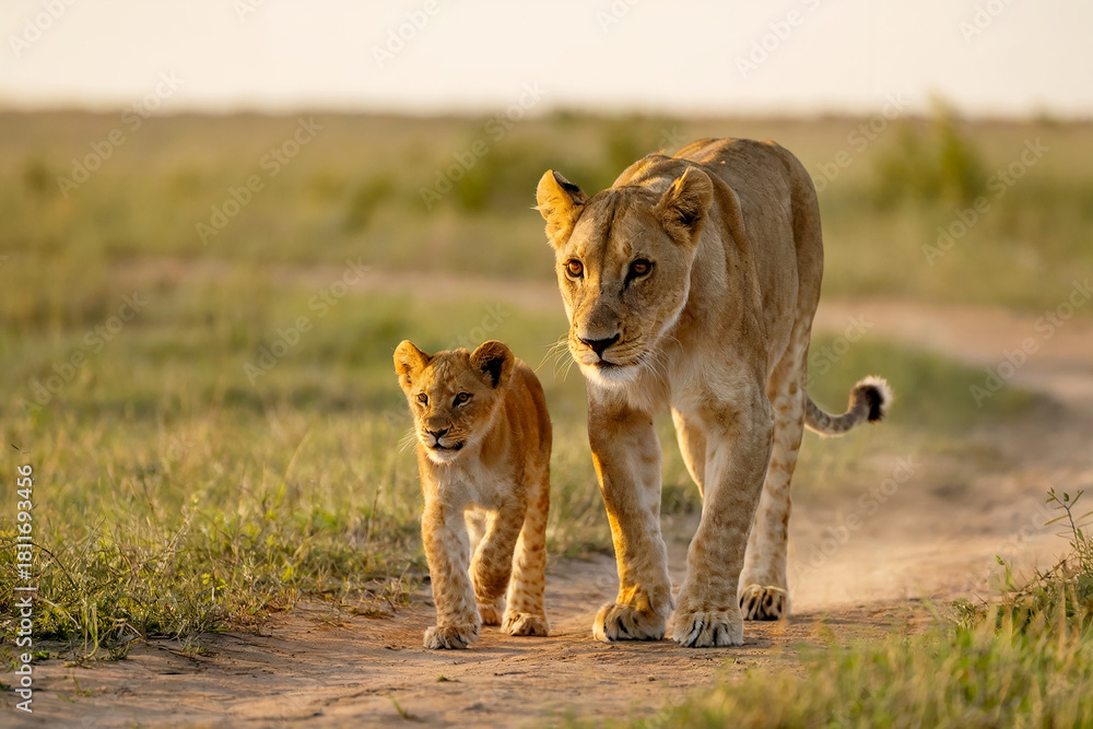 Naklejka premium Majestic lioness and cub walk together on a dusty path in the african savannah at sunrise