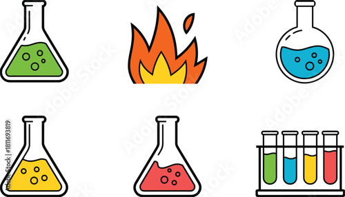 Chemistry lab equipment and fire icons in cartoon style on white Keywords: chemistry, science