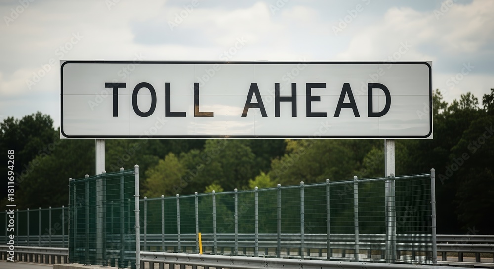 Obraz premium Toll Ahead Sign: Road Infrastructure and Financial Implications Illustrated in Scenic Shot