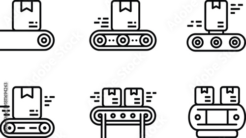 Conveyor belt with boxes icons in different styles on white background Keywords: conveyor belt