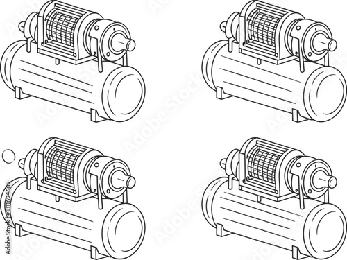 Four isometric line drawings of an industrial air compressor machinery equipment