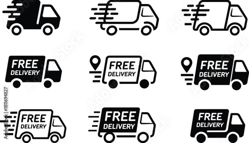 Free Delivery Truck Icons with Speed Lines and Location Pins Keywords: delivery, truck, van, free