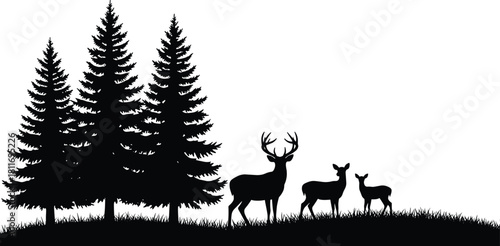 Black silhouette of deer family, buck, doe and fawn, pine trees forest landscape, wildlife nature, vector illustration, white background.