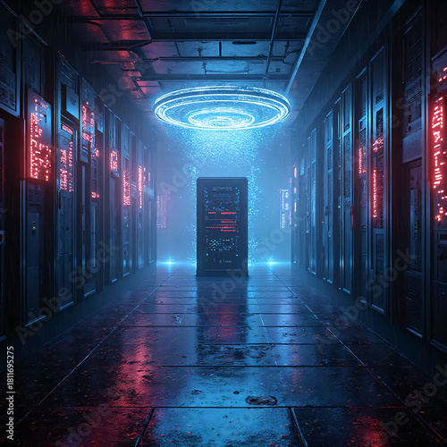 Cyberpunk server room with biometric security vortex protecting central rack