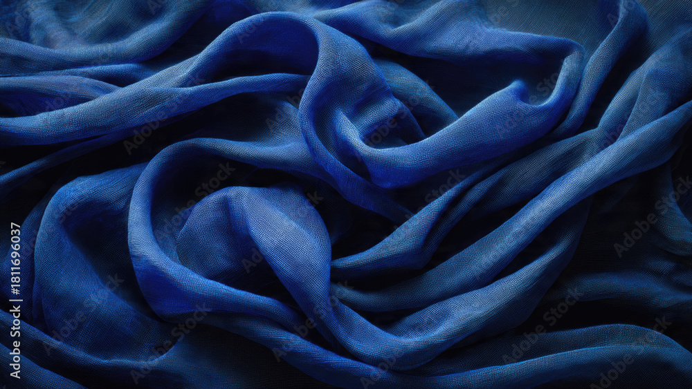 Obraz premium Luxurious blue fabric intricately draped, showcasing soft folds, diverse textures, and varying deep blue shades, creating an elegant, serene abstract pattern.