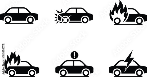 Set of six black car icons representing accidents and damage automobile vehicle