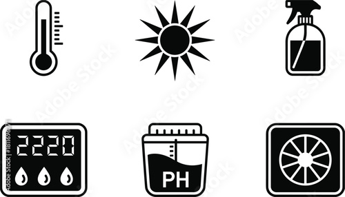 Set of six science and measurement icons on white background Keywords: thermometer, sun, spray