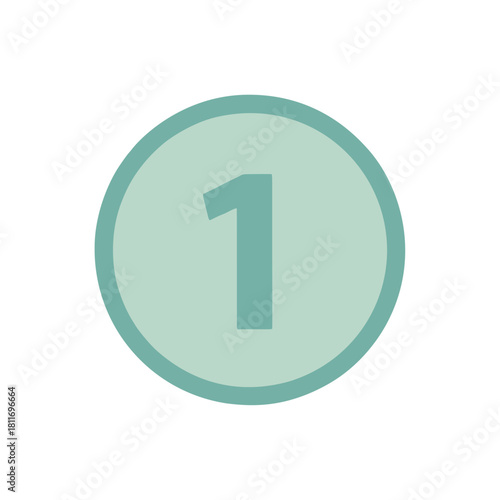 A flat style illustration of the number one symbol inside a circle shape with a soft green color palette. This graphic is great for use in infographic designs, numbering systems, and web elements.	