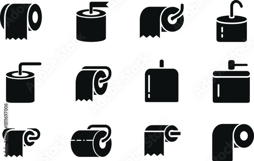 Toilet Paper and Dispenser Icons in Black Silhouette Keywords: toilet paper, roll, dispenser