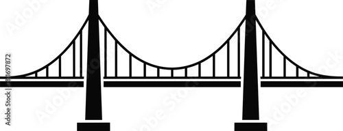 Black silhouette of suspension bridge, engineering architecture vector illustration, city transportation landmark icon, isolated on white background, graphic design element.