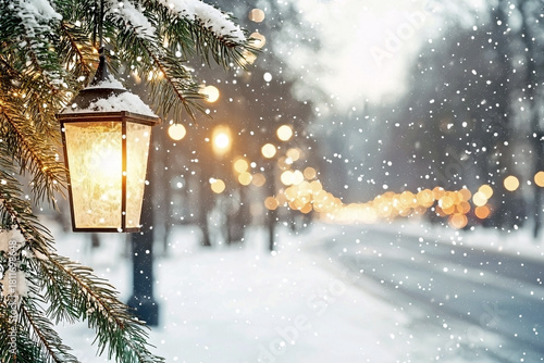 Snowy street lantern and fir branch with warm golden bokeh lights on a blurred christmas city street background. Festive winter holiday and travel template