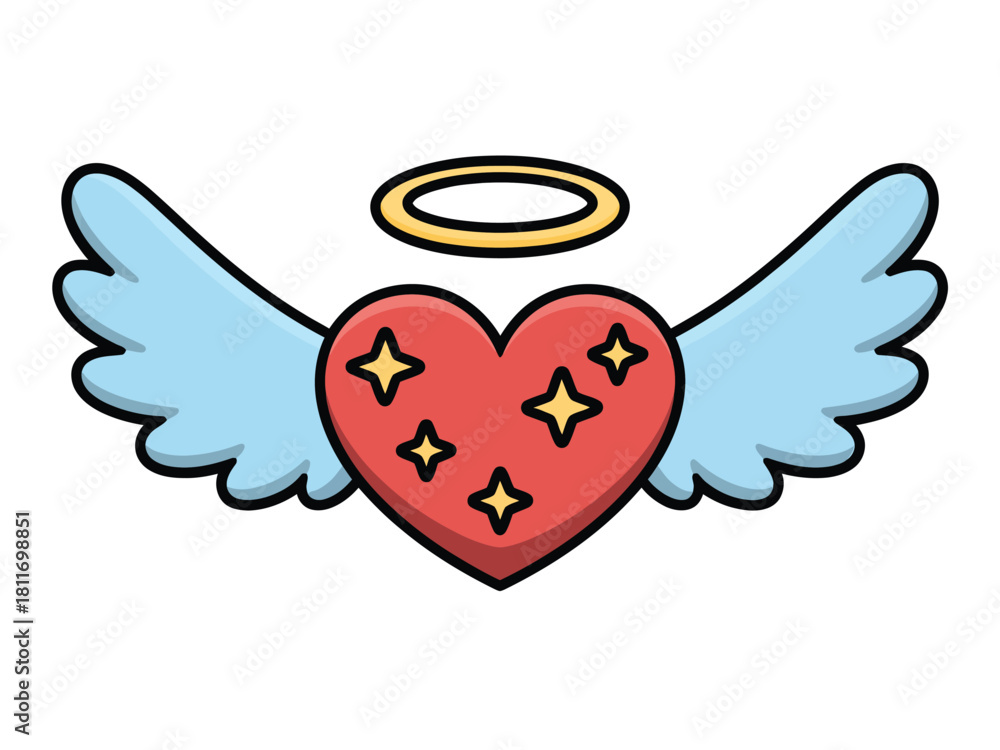 Obraz premium Red heart with wings and halo, iconographic symbol of love and angel