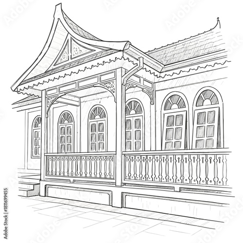 Architectural illustration of a veranda house with a delicate artistic sketch