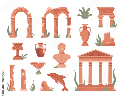 Ancient roman greek architecture and artifact elements illustration