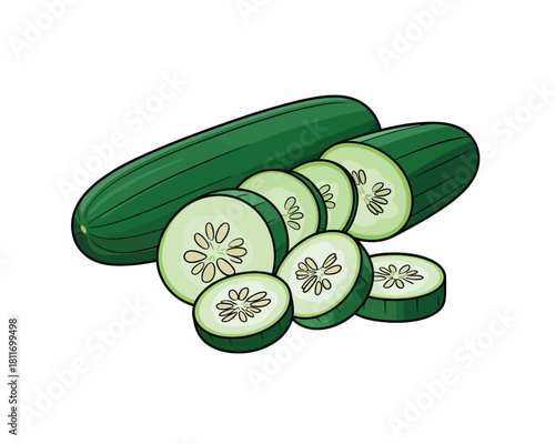 Wallpaper Mural Whole cucumber and slices on white background - food illustration Torontodigital.ca