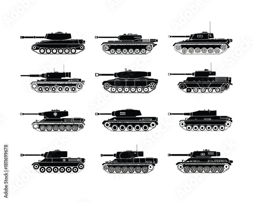 Collection of stylized tank silhouettes in a grid layout
