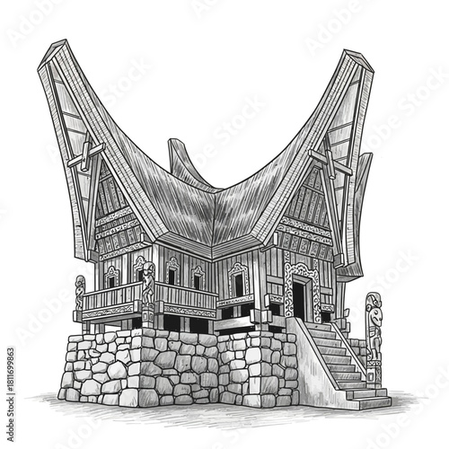 Artistic representation of a traditional Toraja house, intricately illustrated