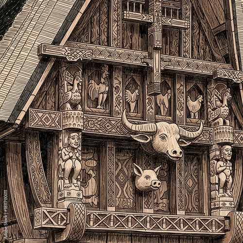 Captivating illustration of a traditional Indonesian house with intricate carvings