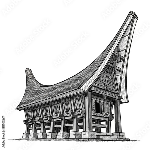 Detailed grayscale sketch of a traditional Tongkonan house in Indonesia