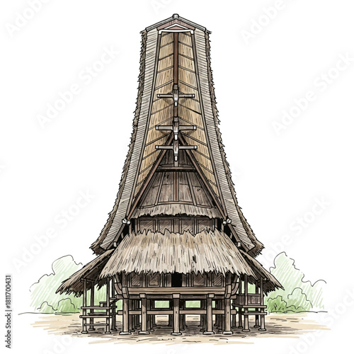 Detailed illustration of a traditional Torajan Tongkonan house architecture
