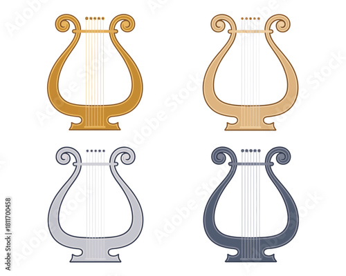 Set of four lyre icons in gold, beige, silver, and blue colors
