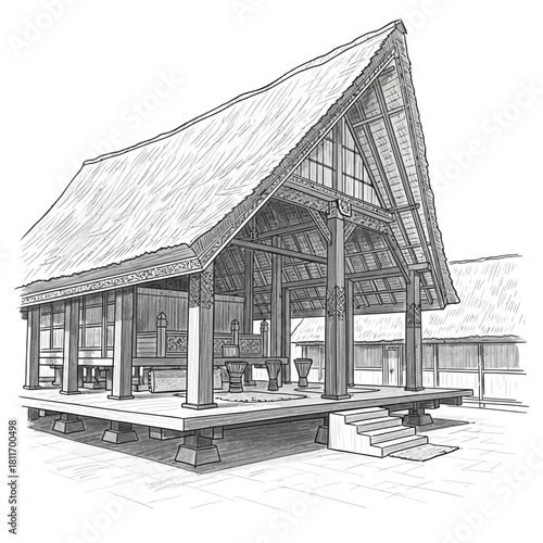Detailed Ink Drawing of a Traditional Balinese Pavilion Structure