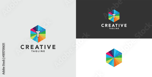 Digital colorful abstract icons, elements and symbols with initial T logo, template