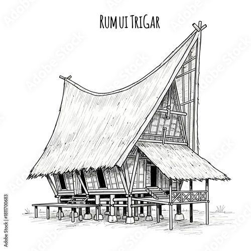 Detailed line drawing showcasing traditional house, architectural style