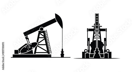 Black and white illustration of oil pumps and a drilling rig structure