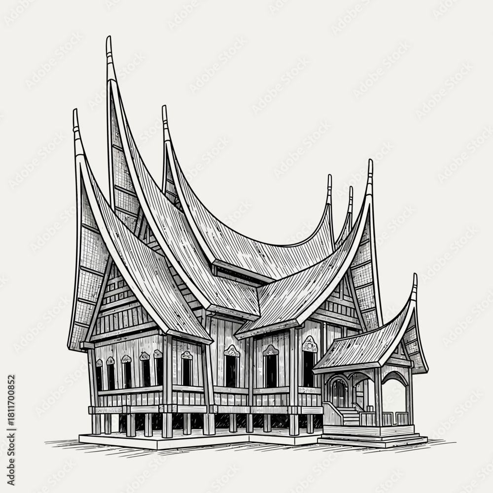 Obraz premium Detailed Pen and Ink Illustration of a Traditional Toraja House in Monochrome