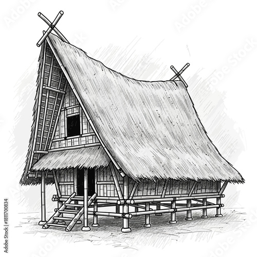 Detailed monochrome sketch of a traditional bamboo and thatch dwelling