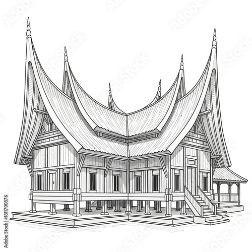 Detailed Sketch of a Traditional Minangkabau House with Exaggerated Roof Peaks