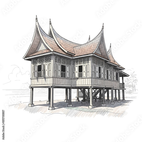 Detailed sketch of traditional stilt house, showcasing architectural heritage