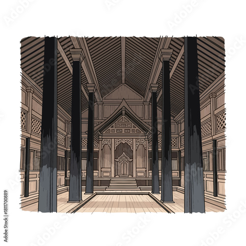 Elaborate traditional architecture illustration with intricate wood detailing