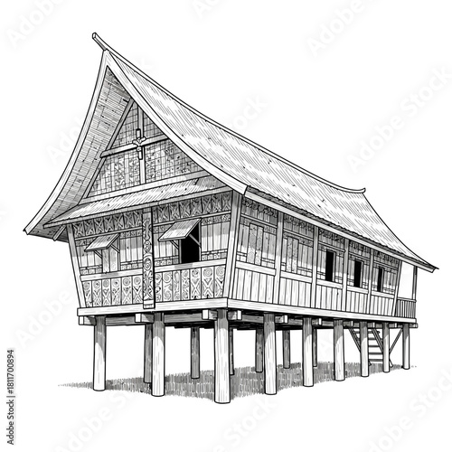 Elaborate line drawing of a traditional raised house on stilts in Southeast Asia