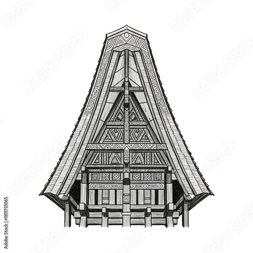 Illustration of a Traditional Tongkonan House, Unique Architectural Style