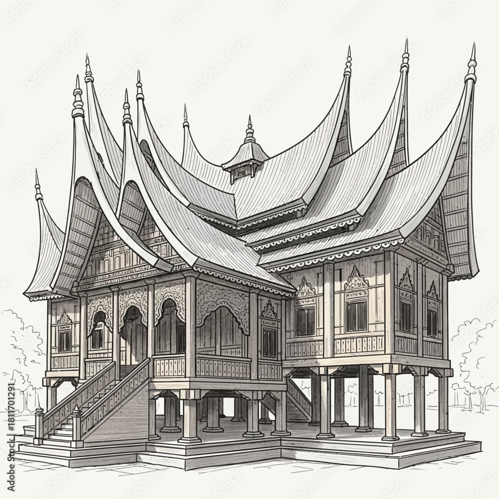 Fototapeta premium Illustrative Rendition of Rumah Gadang Architecture in Line Art Style