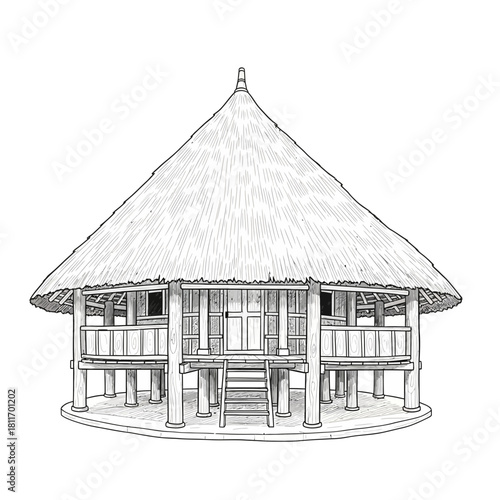 Illustrative depiction of a traditional house design with a thatched roof