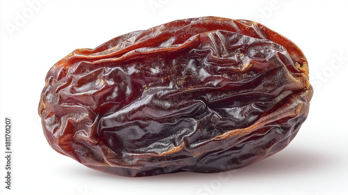 Close up shot of a single raisin with wrinkled texture and dark brown color on white background