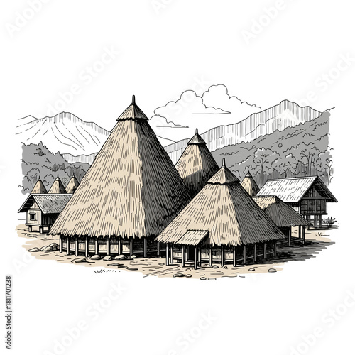 Illustrative depiction of traditional cone-shaped houses in a village settlement