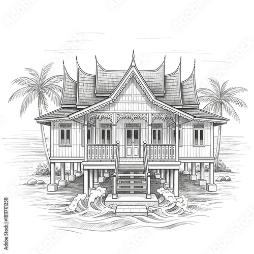 Illustrative rendering of a traditional stilt house near the ocean with palm trees