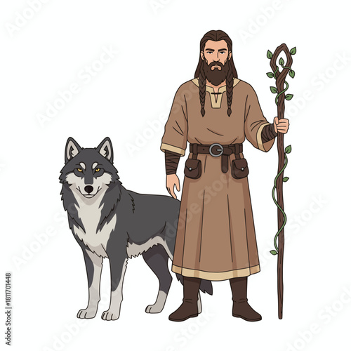 A bearded man in brown robes stands with his wolf companion.